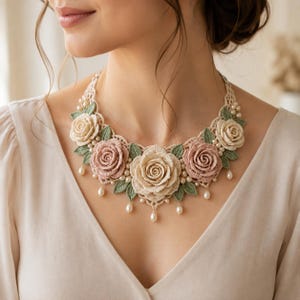 Crochet Rose Necklace Pattern PDF: Pearl Floral Collar Tutorial