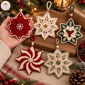 May include: Five crocheted star-shaped ornaments featuring intricate patterns. One is red with white pearls, one is cream with gold beads, one is green and cream with red berries, one is red and white striped, and one is cream with green leaf accents.