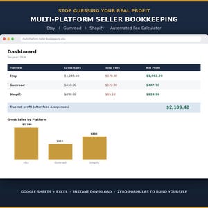 May include: A digital bookkeeping dashboard for Etsy, Gumroad, and Shopify sellers. The interface displays a table with gross sales, fees, and net profit for 2026, alongside a bar chart visualizing gross sales by platform. Text includes STOP GUESSING YOUR REAL PROFIT.