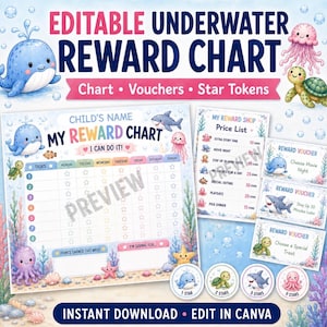 May include: An editable underwater reward chart set featuring a blue whale, pink jellyfish, and green turtle. Includes a weekly task grid, a price list for rewards, three reward vouchers, and four circular star tokens with sea creature illustrations.