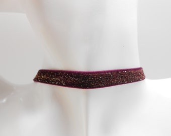 Stainless steel choker with gold glitter plum velvet ribbon, gift for her, dog collar, choker