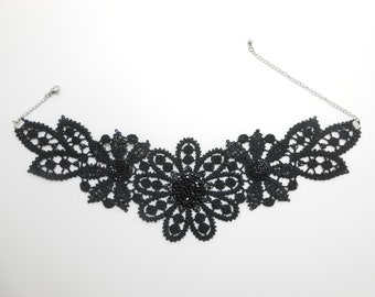 Lace and stainless steel necklace, black lingerie