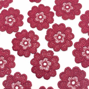 4 burgundy guipure flowers, burgundy lace, burgundy lingerie, hide a hole, burgundy flowers, burgundy wedding, patch image 3