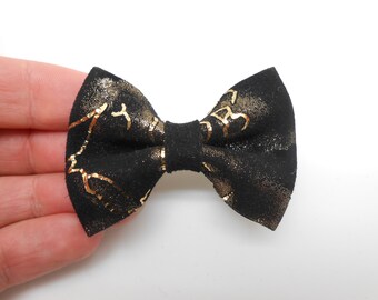 Gold printed black real suede barrette, hair bow, leather wedding, gift for her