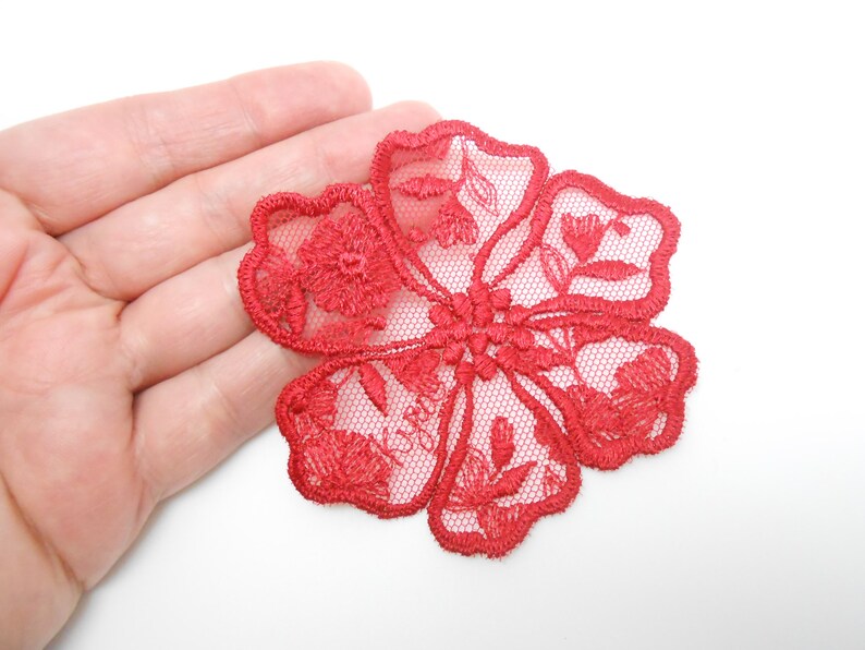 Embroidered tulle flower, sewing flower, red lace, red flower, customization, sewing image 1