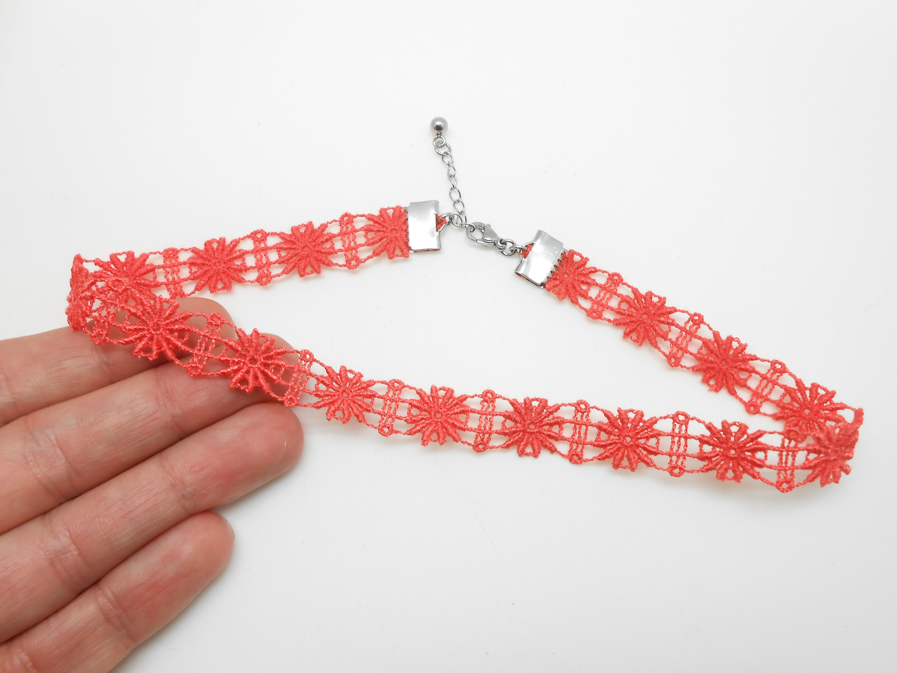 Coral lace choker necklace, dog collar, choker, lingerie jewelry