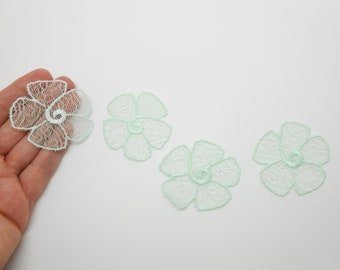 4 embroidered flowers in green lace, mint lace, lingerie, sewing, customization, haberdashery