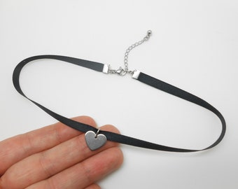 Thin black satin choker with a stainless steel heart pendant, Valentine's Day gift, heart jewelry