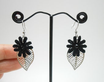 Stainless steel earrings with black lace flowers, Christmas gift