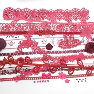 Kit d’inspiration framboise/ bordeaux/ fuchsia, junk journal, pack de dentelle, embellissements dentelle, guipure, diy, kit créatif