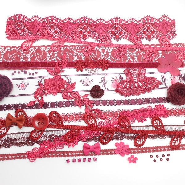 Kit d’inspiration framboise/ bordeaux/ fuchsia, junk journal, pack de dentelle, embellissements dentelle, guipure, diy, kit créatif