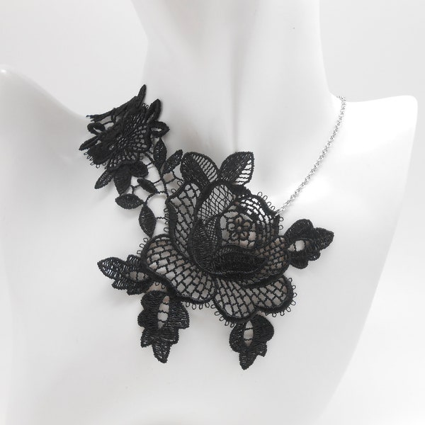 Collier en dentelle noire et en acier inoxydable, cadeau pour elle, bijou en dentelle, lingerie noire, collier de soirée