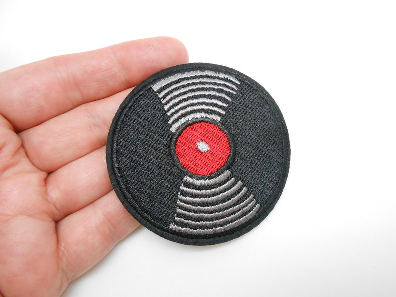 Vinyl record badge, iron-on badge, hide a hole, music badge image 1