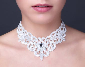 White lace necklace with Swarovski crystal stone.