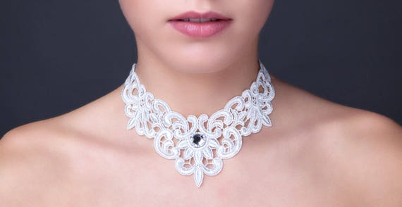 White Lace Necklace With Swarovski Crystal Stone. Etsy Canada
