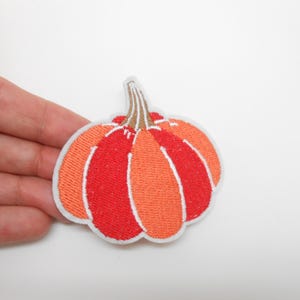 Peut inclure: Écusson de citrouille brodée avec une bordure blanche. La citrouille est un mélange de rouge et d'orange, avec une tige marron. Parfait pour les créations et vêtements sur le thème de l'automne.