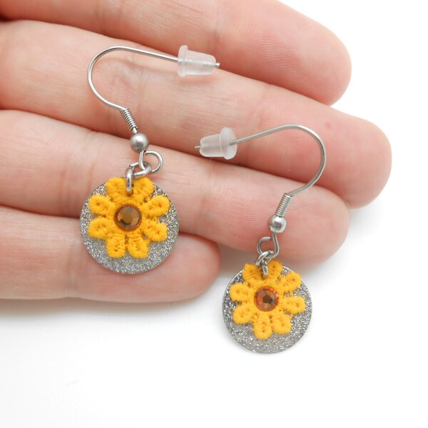 Stainless steel earrings with yellow lace flowers, gift for her, gift for mom, yellow jewel