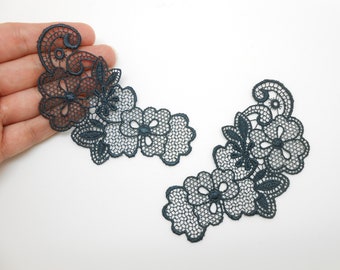 2 Dark gray lace appliques measuring 11 x 5.5 cm