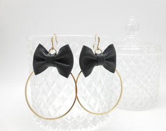 Gold plated hoop earrings with genuine leather bows, Christmas gift