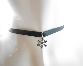 Black satin choker necklace with a stainless steel snowflake, Christmas gift