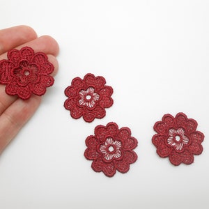 4 burgundy guipure flowers, burgundy lace, burgundy lingerie, hide a hole, burgundy flowers, burgundy wedding, patch image 1