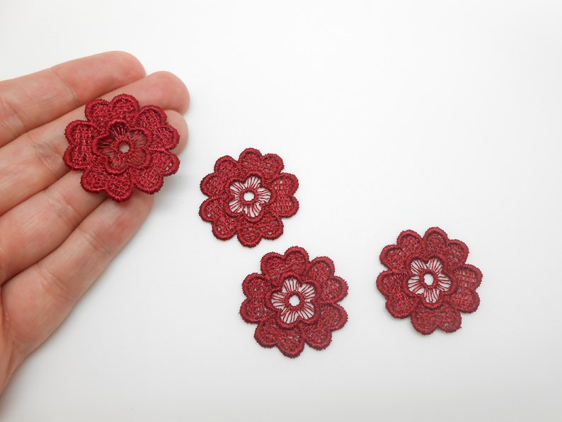 4 burgundy guipure flowers, burgundy lace, burgundy lingerie, hide a hole, burgundy flowers, burgundy wedding, patch image 1