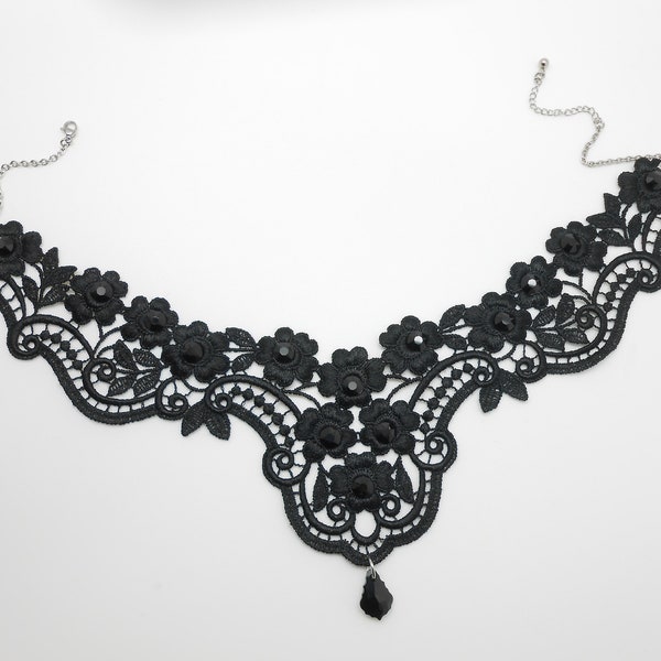 Collier gothique en guipure noire, bijou steampunk, collier victorien