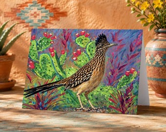 Roadrunner & Prickly Pear Cactus Greeting Card (5"x7")