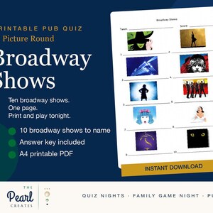 Pode incluir: Uma folha de quiz imprimível intitulada Broadway Shows com dez espaços numerados para identificar musicais. O documento inclui espaços para o nome da equipe e pontuação, com um fundo azul escuro e detalhes em texto dourado no design.