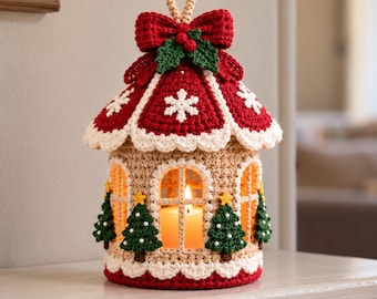 May include: A crocheted lantern cover featuring a tan base with arched windows, green Christmas tree appliques, and a red roof with white snowflake motifs. The top is adorned with a red bow, green leaves, and a hanging loop.