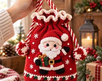 May include: A red crochet drawstring bag featuring a Santa Claus applique on the front. The bag has a ruffled top edge, white snowflake patterns, and red and white twisted cord handles with pom-poms. Santa holds a small green gift box.