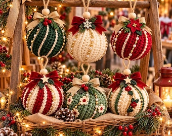 May include: Six spherical crochet Christmas ornaments hanging from a wooden frame. Each ornament features vertical ribbed textures, pearl bead accents, and decorative bows. Colors include dark green, cream, and red, with pine and berry details.