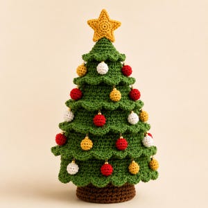 May include: A crocheted Christmas tree with a dark brown base and green tiered branches. The tree is decorated with small, round, crocheted ornaments in red, white, and yellow, and is topped with a five-pointed yellow crocheted star.