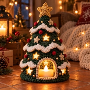 May include: A dark green crocheted Christmas tree decoration featuring white scalloped trim, small red pom-poms, and gold beads. The tree is topped with a yellow star and includes several star-shaped cutouts that glow from an internal light source.