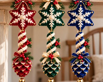 Crochet Christmas Ornament Pattern PDF, Snowflake Star & Pinecone Trio, 3D Spiral Hanging Ornaments, Intermediate Crochet Decor