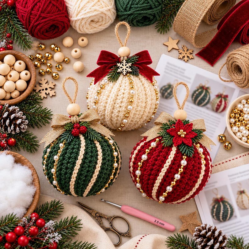 Crochet Christmas Bauble Pattern PDF, 6 Designs, Beaded Floral ...
