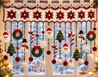May include: A crochet window valance featuring a row of red poinsettia flowers on a cream background, with hanging ornaments including Santa Claus faces, snowmen, Christmas trees, candy canes, wreaths, and snowflakes on green yarn strands.