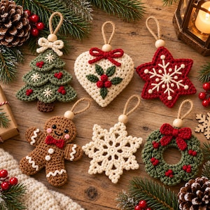 May include: Six crocheted Christmas ornaments including a green tree, a cream heart with holly, a red star with a snowflake, a brown gingerbread person, a cream snowflake, and a green wreath with a red bow, all featuring jute hanging loops.