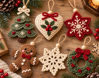 May include: Six crocheted Christmas ornaments including a green tree, a cream heart with holly, a red star with a snowflake, a brown gingerbread person, a cream snowflake, and a green wreath with a red bow, all featuring jute hanging loops.