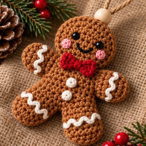 K&ouml;nnte beinhalten: Ein braunes, geh&auml;keltes Lebkuchenmann-Ornament mit schwarzen Perlenaugen, rosa gestickten Wangen, einer roten geh&auml;kelten Fliege, zwei wei&szlig;en Kn&ouml;pfen und wei&szlig;em, wellenf&ouml;rmigem Zuckerguss-Besatz an Armen und Beinen, versehen mit einer Holzperle.