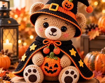 May include: A crocheted tan bear wearing a black witch hat with an orange band and a small pumpkin accent, and a black cape with yellow stars and orange trim. The bear holds a small orange crocheted pumpkin with a jack-o'-lantern face.