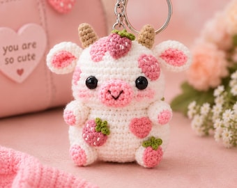 May include: A crochet keychain featuring a white cow with pink spots, small tan horns, and black eyes. The cow is decorated with small crocheted strawberry appliques and a pink heart-shaped patch on its side. It is attached to a silver metal ring.
