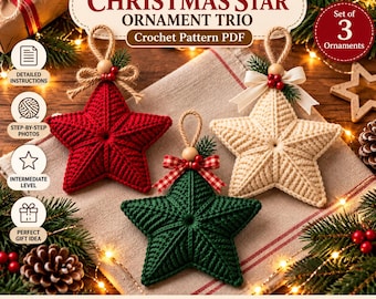 May include: A crochet pattern PDF for a Christmas star ornament trio. The image displays three five-pointed star ornaments in red, green, and cream, each with a hanging loop, a wooden bead, and a small bow. Text includes Crochet Christmas Star Ornament Trio.