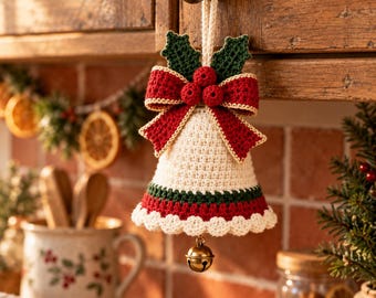 May include: A crocheted bell ornament featuring a cream-colored body, a red bow with gold trim, and three red berries. Dark green crocheted holly leaves sit above the bow. A small gold-toned metal jingle bell hangs from the bottom center.