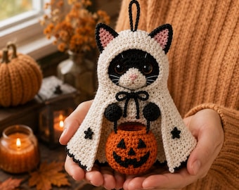May include: A crocheted black and white cat wearing a cream-colored hooded cloak with black star accents and a black tie. The cat is holding a small, round, orange crocheted pumpkin bucket with a black jack-o'-lantern face and a black handle.