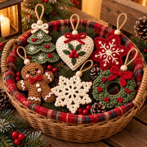 K&ouml;nnte beinhalten: Ein Set aus sechs geh&auml;kelten Weihnachtsanh&auml;ngern in einem geflochtenen Korb. Das Set besteht aus einem gr&uuml;nen Tannenbaum, einem wei&szlig;en Herz mit roten Beeren, einem roten Stern, einem braunen Lebkuchenmann, einer wei&szlig;en Schneeflocke und einem Kranz.