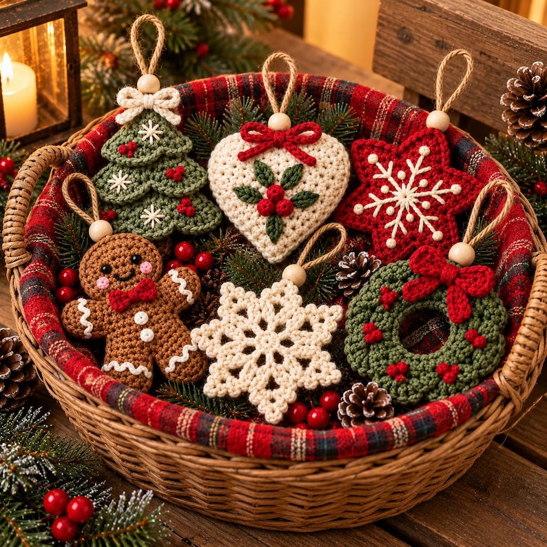 K&ouml;nnte beinhalten: Ein Set aus sechs geh&auml;kelten Weihnachtsanh&auml;ngern in einem geflochtenen Korb. Das Set besteht aus einem gr&uuml;nen Tannenbaum, einem wei&szlig;en Herz mit roten Beeren, einem roten Stern, einem braunen Lebkuchenmann, einer wei&szlig;en Schneeflocke und einem Kranz.
