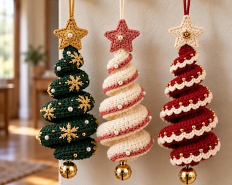 Crochet Christmas Tree Ornament Pattern PDF, Spiral Tree Amigurumi, 3 Designs, Advanced Beginner, Holiday Decor, Handmade Gift