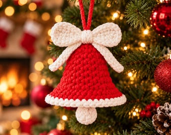 May include: A crocheted Christmas bell ornament featuring a vibrant red bell body, a white crocheted bow at the top, a white trim along the bottom edge, and a small white crocheted clapper hanging from the center, suspended by a red cord.