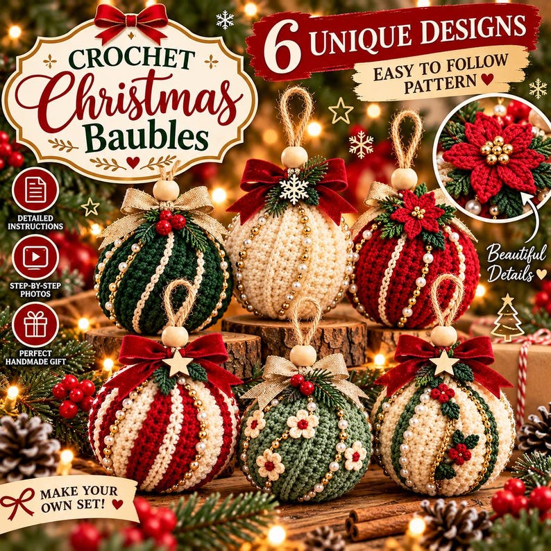 Crochet Christmas Bauble Pattern PDF, 6 Designs, Beaded Floral ...